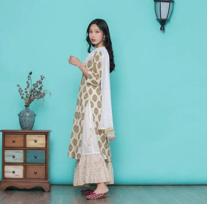Женский хлопковый костюм с принтом Kurtas платье в этническом стиле и юбка