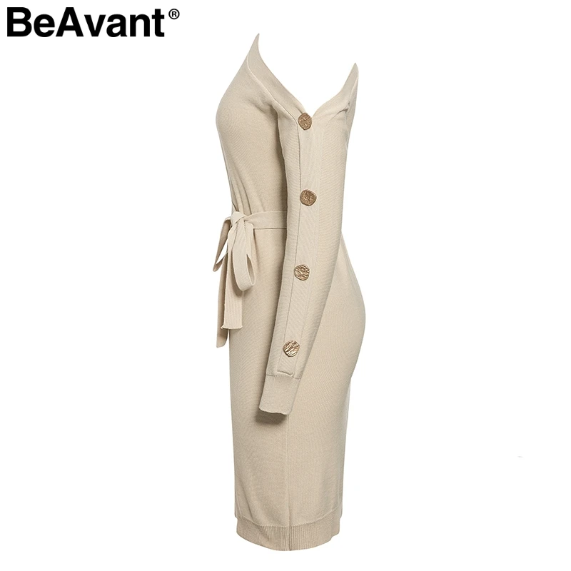 BeAvant Elegant one shoulder knitted dress women Fashion buttons sash female autumn dresses Casual loose winter ladies vestidos