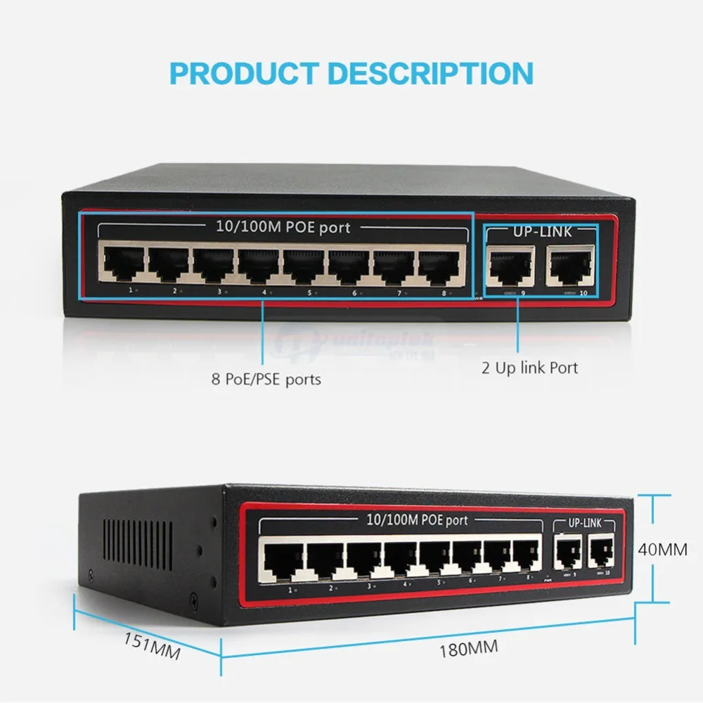Коммутатор PoE с 10 портами 8 каналов 2 порта настольный коммутатор Fast Ethernet 10/100