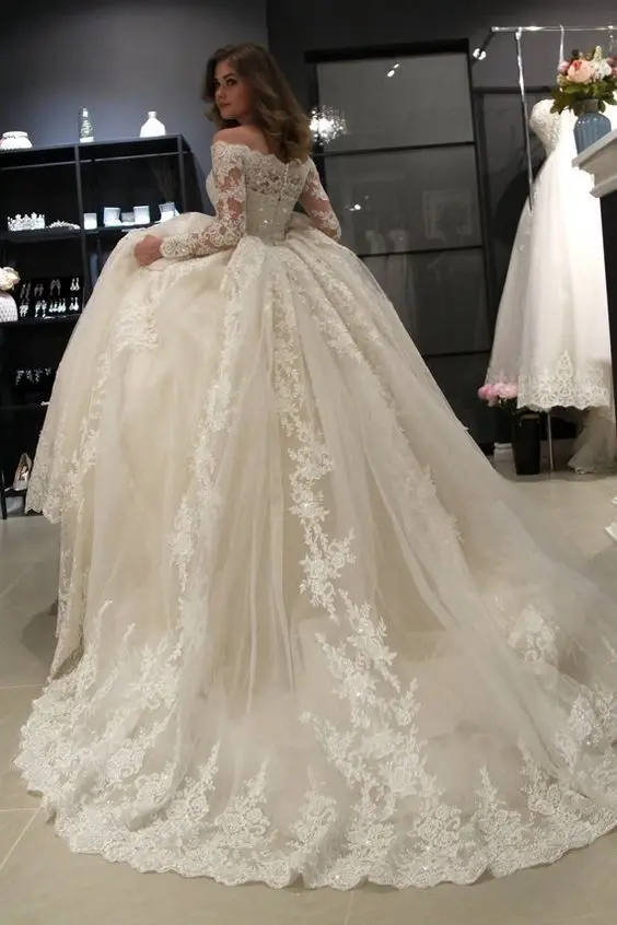 Luxury Princess Robe De Mariage 2019 Long Sleeves Lace Ball Gown Wedding Dress Custom Made Off The Shoulder Vestido de Noiva | Свадьбы и