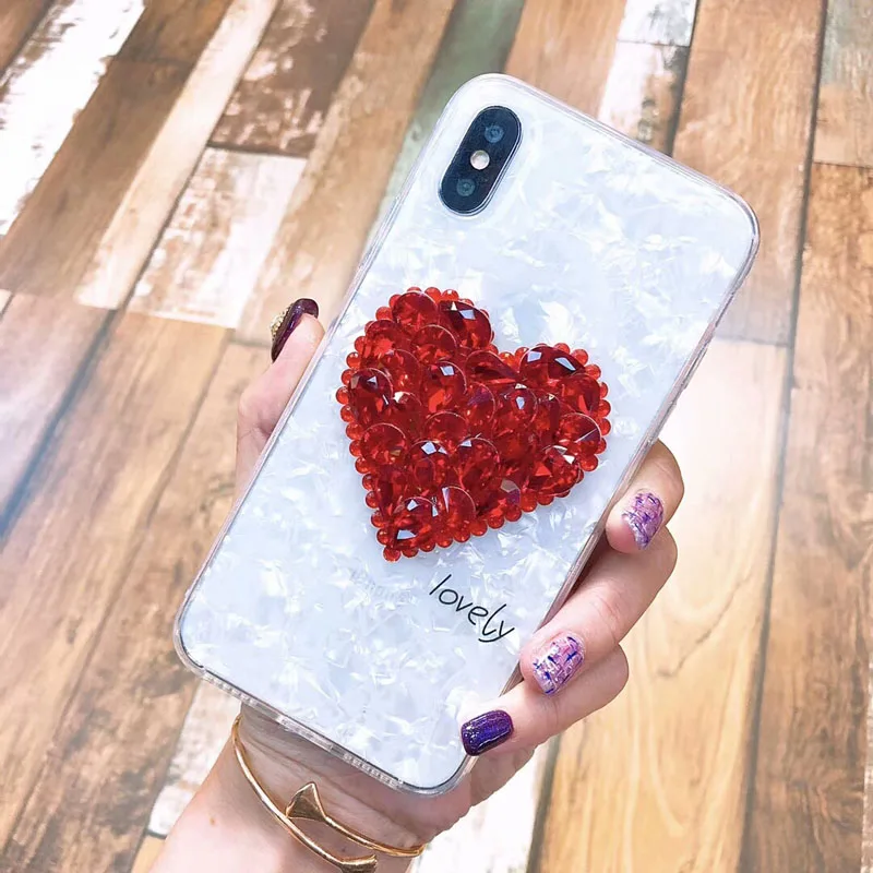 Роскошные раковины Мягкий силиконовый чехол для iPhone X 10 алмаза сердца Rhinestone