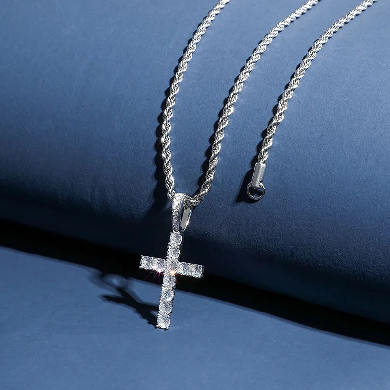 S925 Sterling Silver Prong Setting AAA CZ Stone Bling Ice Out Cross Pendants Necklaces Women Men Hip Hop Rapper Jewelry