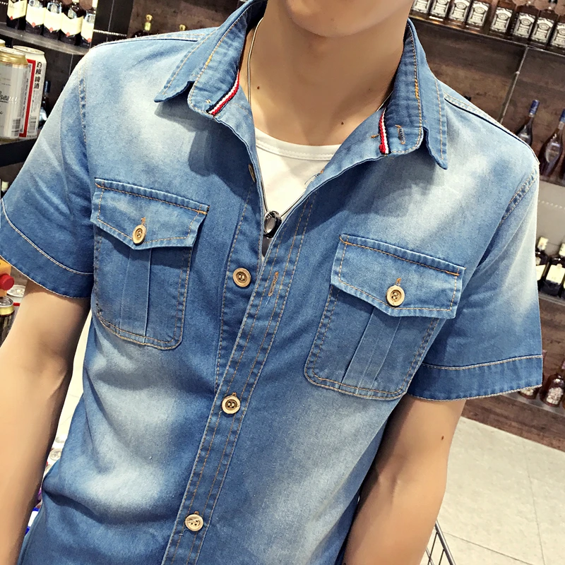 Новинка 2018 летние ковбойские джинсовые рубашки мужская рубашка с короткими