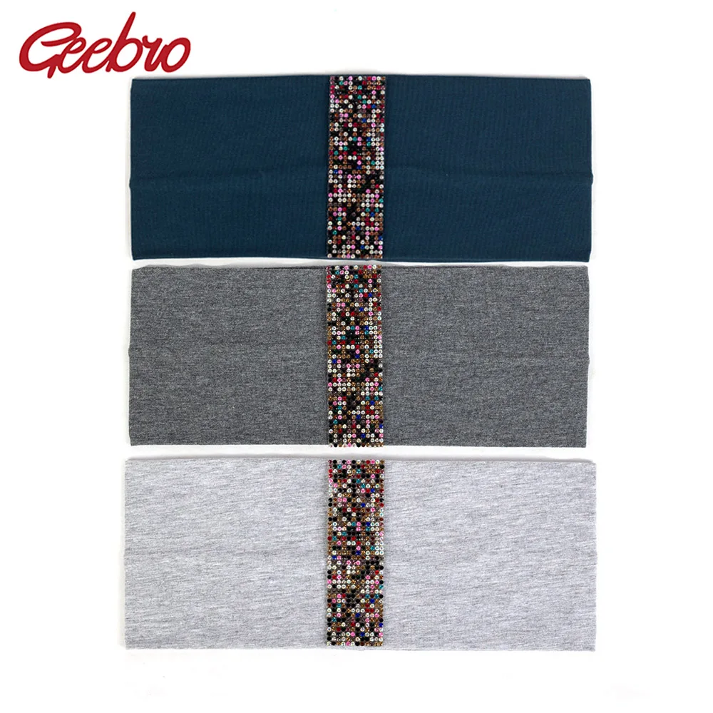 

Geebro Woman Boho Cotton Colorful Stones Ribbon Rhinestones Headbands Headwear Soft Elastic Hair band Accessories Party Turban