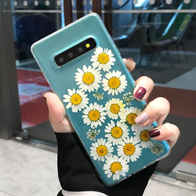 White Daisy Pressed Dried Flower Case For Samsung S7 Edge S8 S9 S10 Plus E Note 9 8 Handmade Transparent Silicon Fundas |