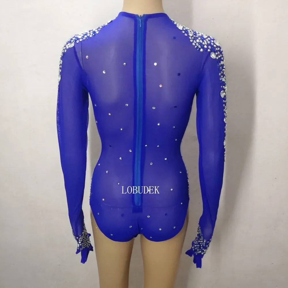 

Shining Blue Rhinestones Pearls Stretch Bodysuit Sexy Mesh Perspective Crystals Jumpsuit Nightclub Female DJ Singer DS Costume