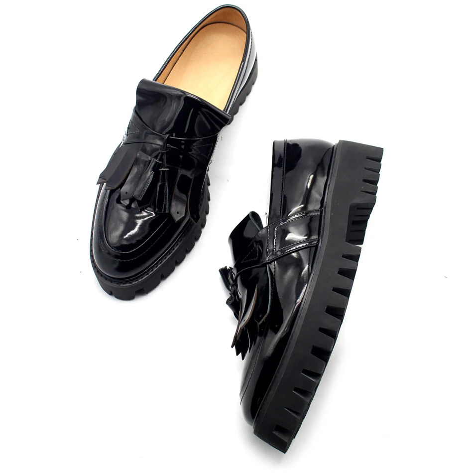 

Tassel Fringe Black Patent leather Loafers Man Shoes Platform Slip on Boats Loose Shoe Hombre Zapatillas Size Euro 45 Breathable