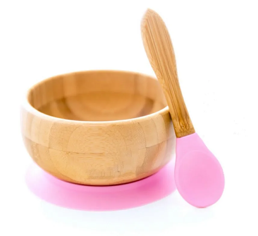 Pink Bowl and Spoon Миска на присоске из бамбука и силикона, детская Тарелка на присоске, Бамбуковая посуда для кормления детей, миска для кормления ребенка - Цвет: Pink Bowl and Spoon