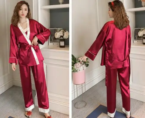 

4 pieces pajamas women summer sleepwear set long sleeve spring summer pyjamas femme sexy v-neck sling top+robe+pant+shorts