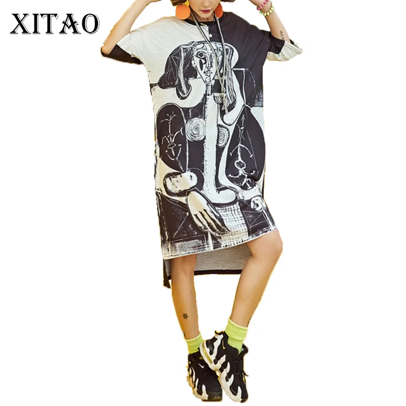 

[XITAO] 2017 new summer Europe fashion street female oversize half sleeve print o-neck pullover loose knee-length dress KLN001