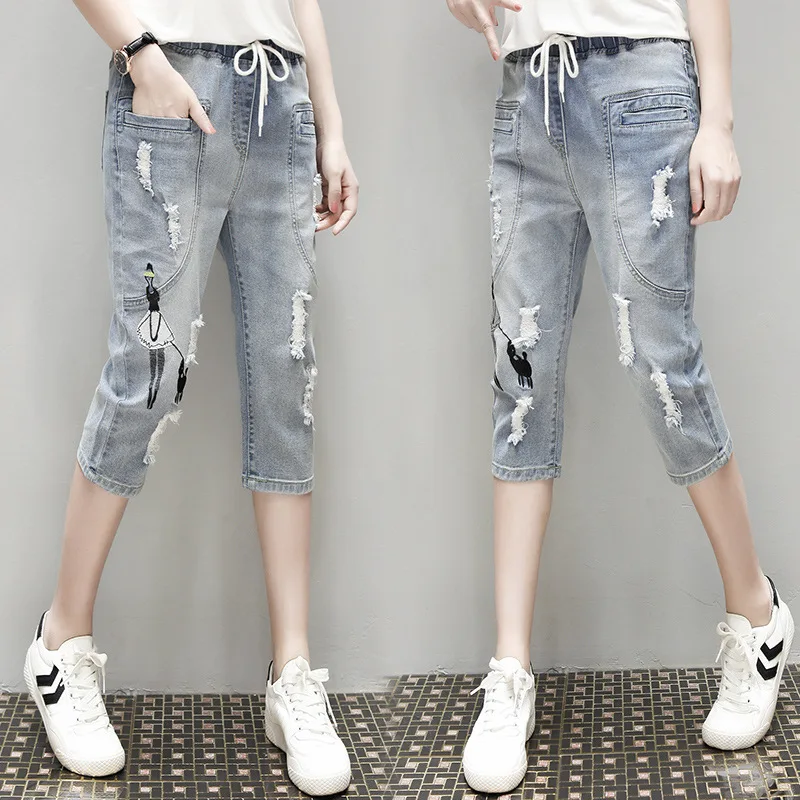 

Women Jeans 2018 Spring Autumn New Fashion Ripped High Waist Denim Pants Calf-length Casual Loose Trousers Plus Size