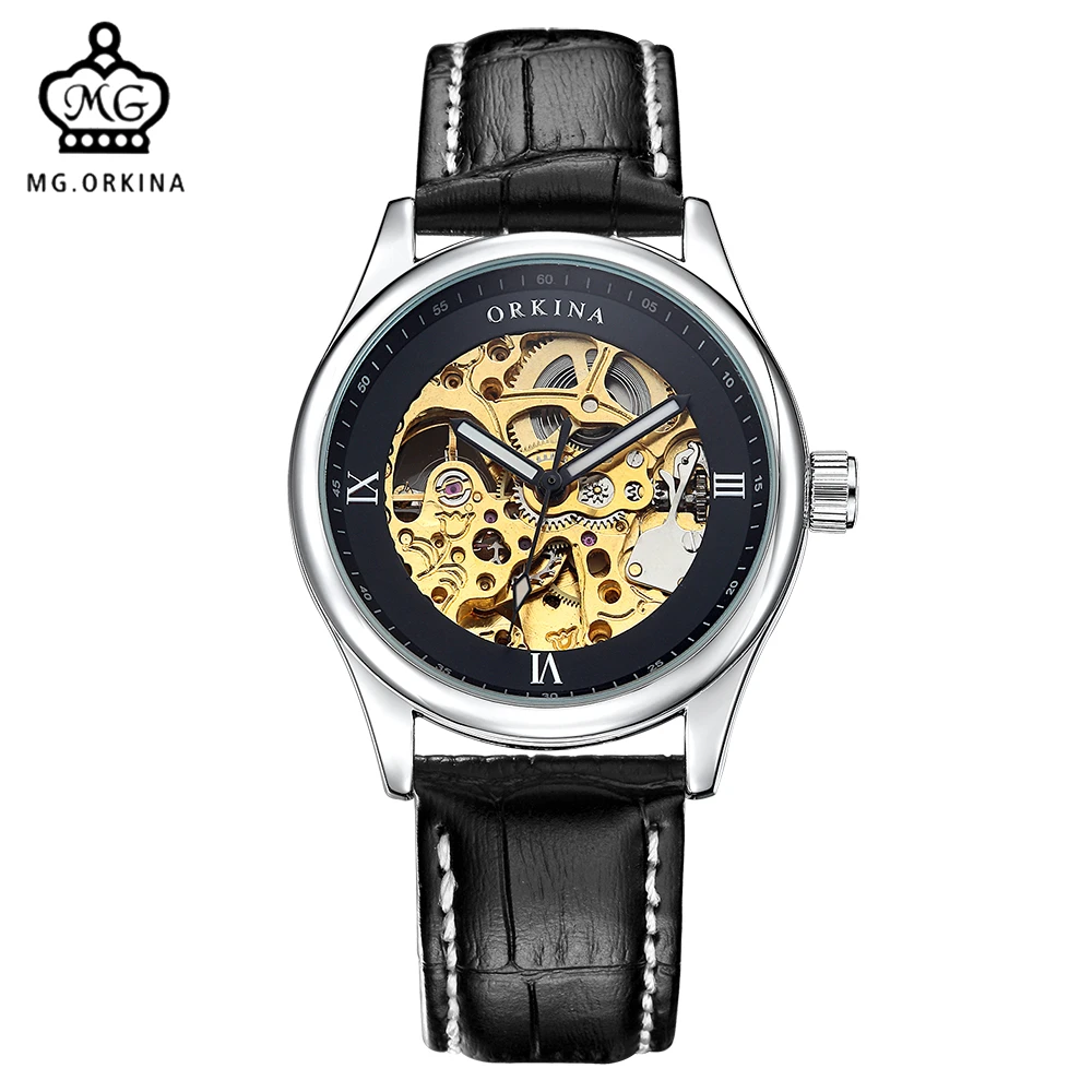 

MG. ORKINA Male Relogio Stainless Steel Case Leather Brown Belt Skeleton Watch zegarek men Automatic Mechanical Wristwatch Mens