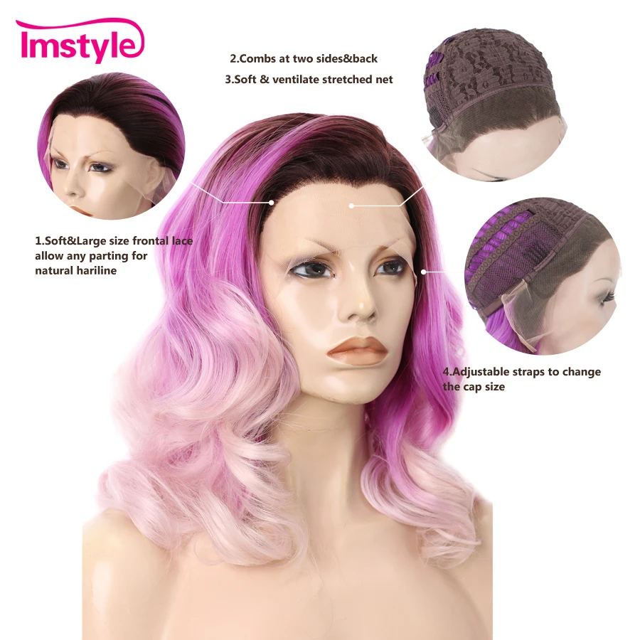 Imstyle Ombre розовый парик короткие парики с волнистыми волосами косплей