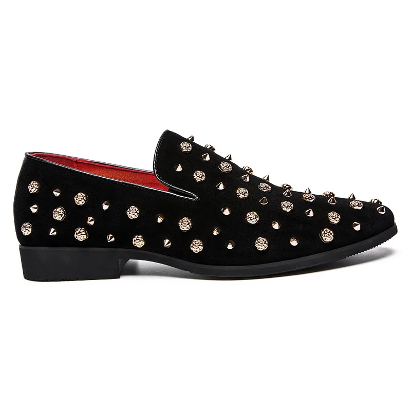 Rivet Black Men Loafers Flock Italian Shoes Casual Wedding Party Men's Flats Luxury Brand Slip on Footwear | Обувь