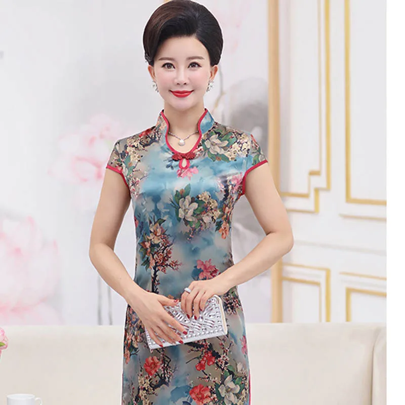 Большие размеры для женщин среднего возраста летнее платье шелк cheongsam старший с