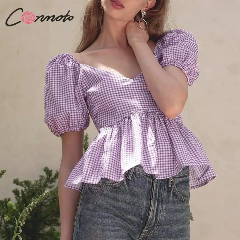 Conmoto Модные укороченные топы и блузки фиолетовые женские рубашки в клеточку