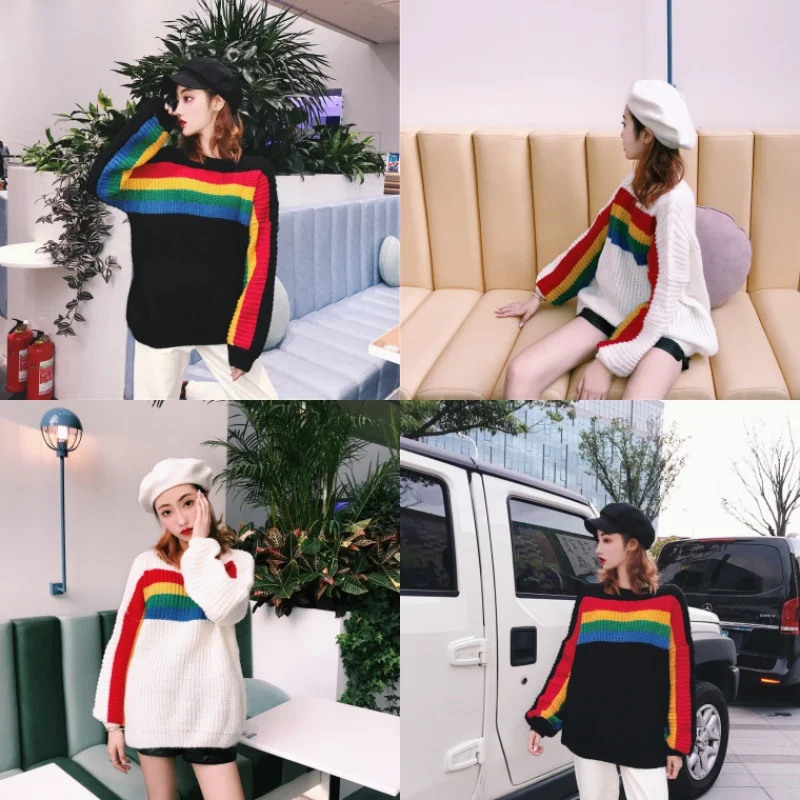 Женский свитер в японском стиле Kawaii Ulzzang Свободный Полосатый Радужный с цветными