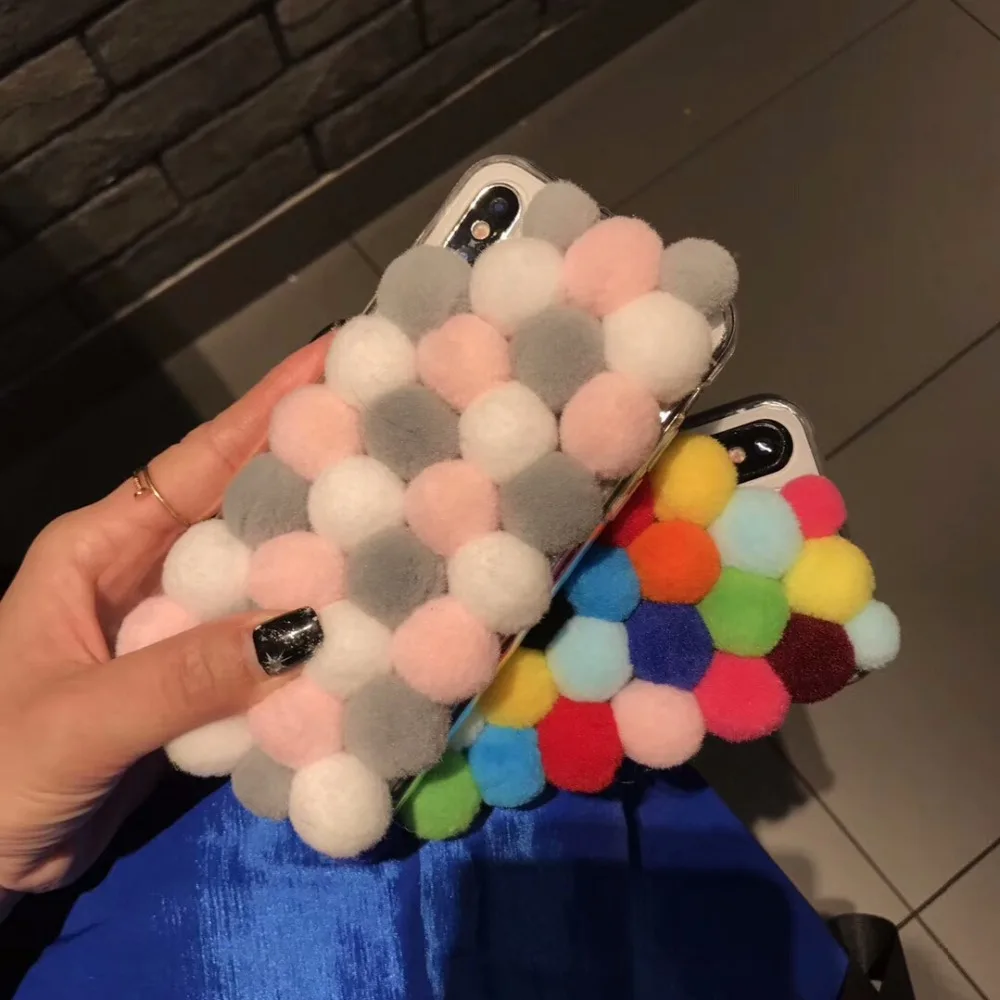 Winter Christmas Plush Ball Case for iPhone X XS Max XR Back Cover Capa Coque 6 6S 7 8 Plus Hoesjes Girls |