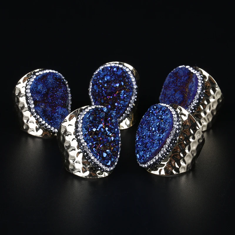 big water tear drop multi colors rough druzy stone bead charm pave rhinestone wide wrap hammered gold open rings cuff for women | Украшения