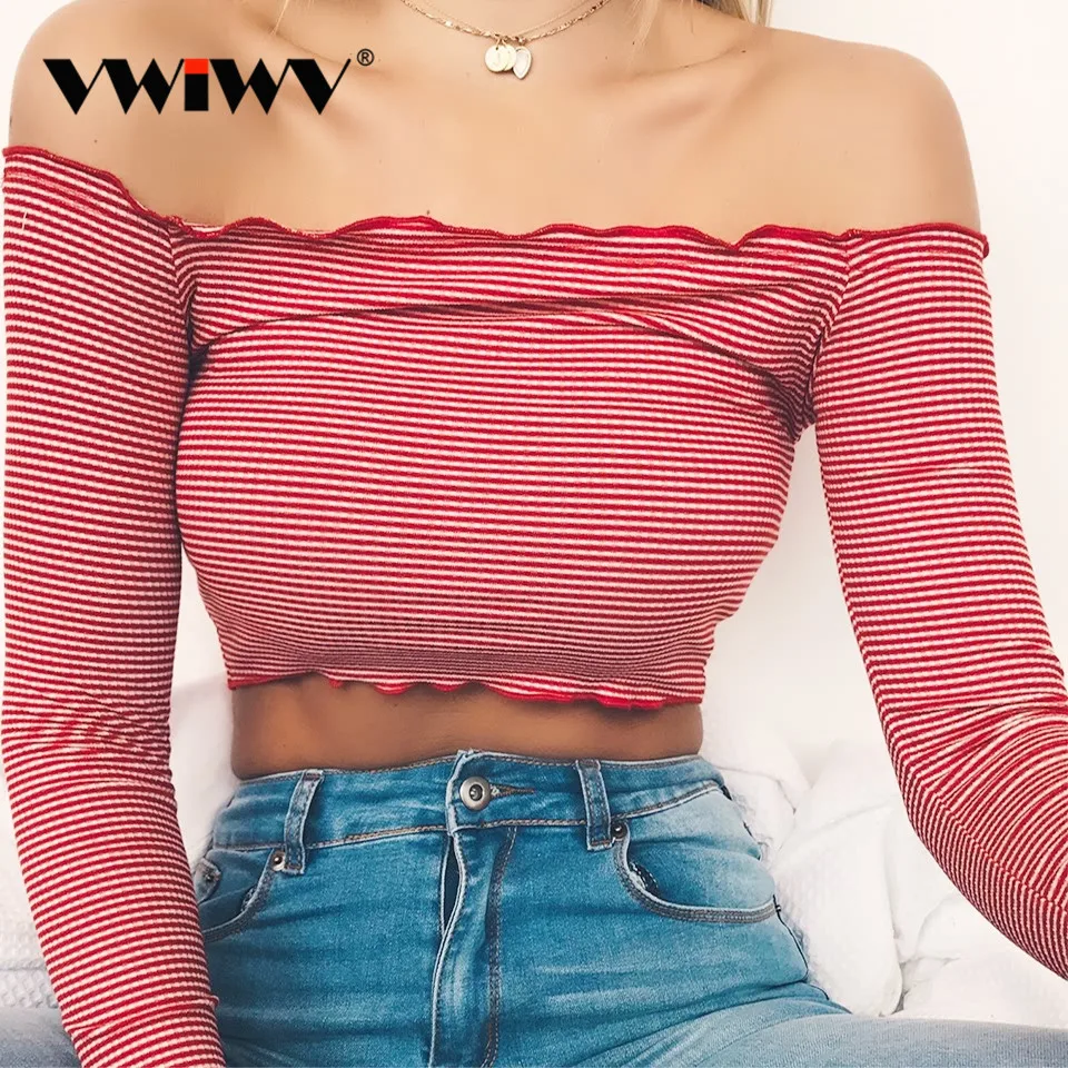 

VWIWV Fashion 2018 Summer & Autumn Striped Long Sleeve T-Shirt Sexy Slash Neck T-Shirt Bodycon T-Shirts