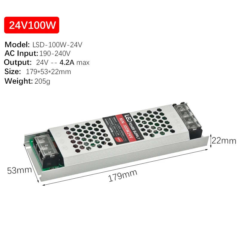 24V 100W Ультра тонкий DC24V Светодиодный трансформатор 60 Вт 100 Вт 150 Вт 200 Вт 300 Вт Драйвер адаптер питания AC190-240V выключатель питания - Цвет: 24V 100W