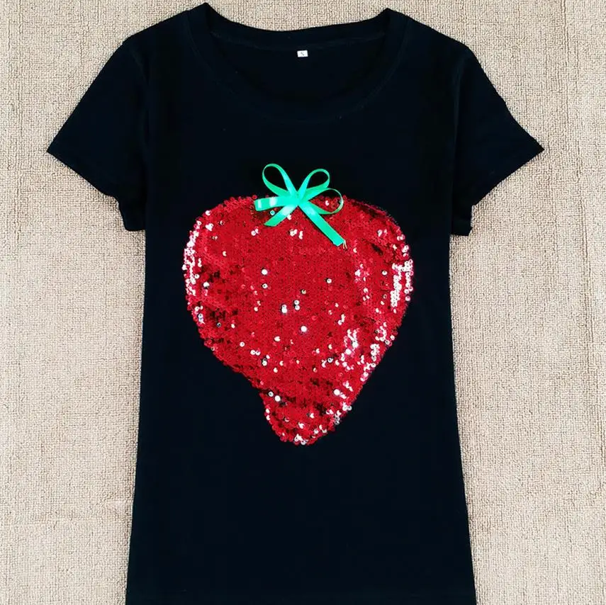Новинка Футболка с вышивкой блестками и коротким рукавом Женские топы camisetas mujer |