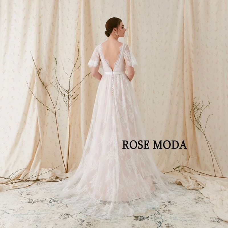 Розовое Moda Chantilly кружевное свадебное платье в стиле бохо с v-образным вырезом и короткими расклешенными рукавами с низким v-образным вырезом сзади богемское свадебное платье