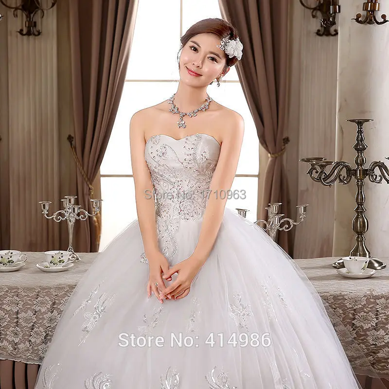 2015 noble ball gown tulle with cystal scoop neck sweep train lace up wedding dresses bridal custom made size | Свадьбы и торжества
