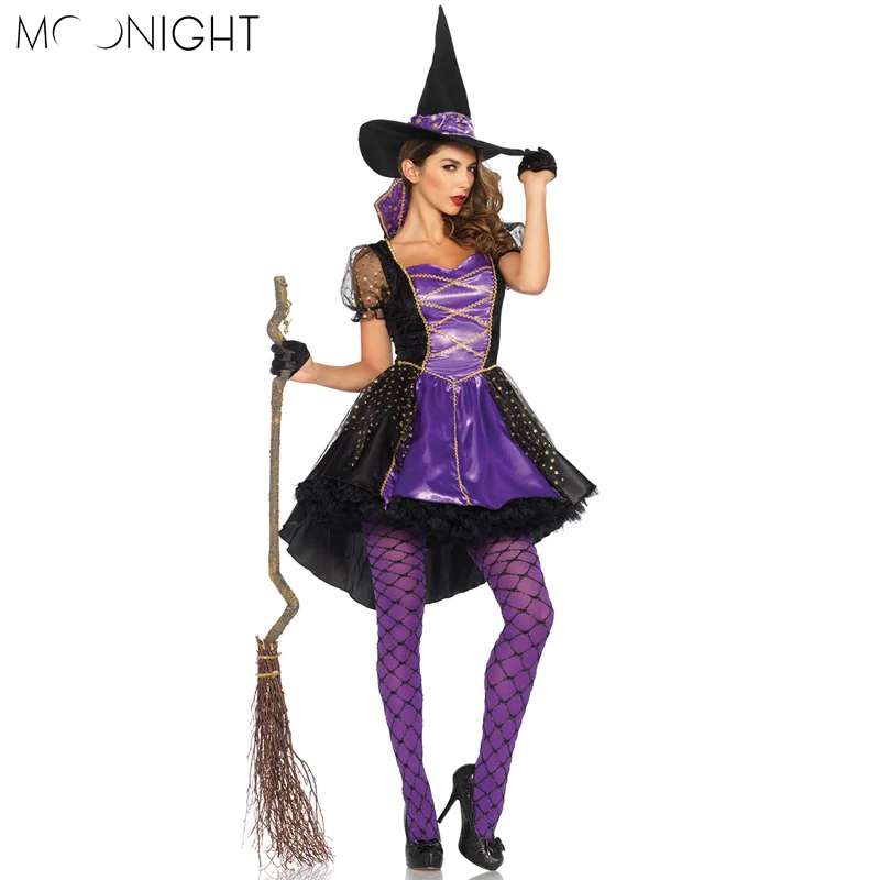 

MOONIGHT 3 Pcs Witch Costume Halloween Cosplay Costume for Women Gothic Purple Carnival Adult Dress Costume +Hat +Gloves