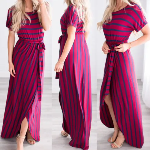 Модные повседневные женские платья Макси Boho в полоску летнее пляжное длинное