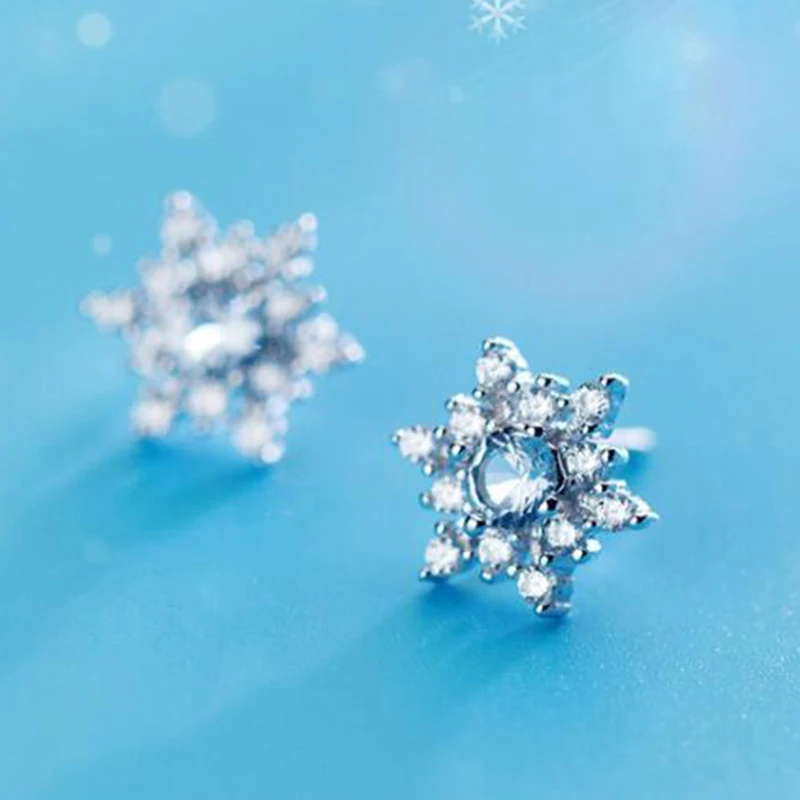 Fashion Snowflake Snow Flower Gift Edelweiss Brilliant Real Zircon Charms 925 Sterling Silver Stud Earrings Jewelry | Украшения и