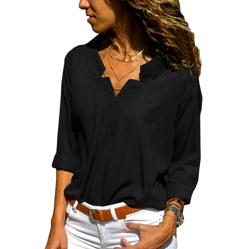 Women Tops Blouses 2019 Autumn Elegant Long Sleeve Solid V-Neck Black Chiffon Blouse Female Work Wear Shirts Blouse Plus Size