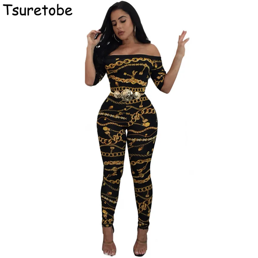 Tsuretobe Купальник Bodycon цепи сексуальная печати Комбинезоны для женщин Для с