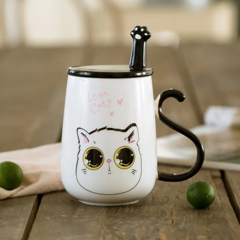 OUSSIRRO Cute Cat Ceramics Mug With Lid an Spoon Large Capacity 500ml Mugs Coffee Milk Tea Cups Novelty Gifts | Дом и сад