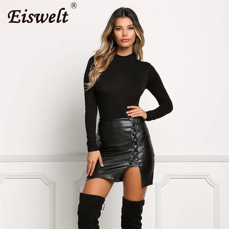 EISWELT 2018 весенние черные юбки из искусственной кожи на шнуровке летние женские