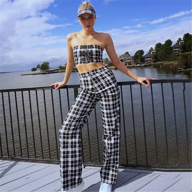 High Quality Fashion Strapless Plaid 2 Pieces Sets Women's Bandage Sets Prom Party Clothing