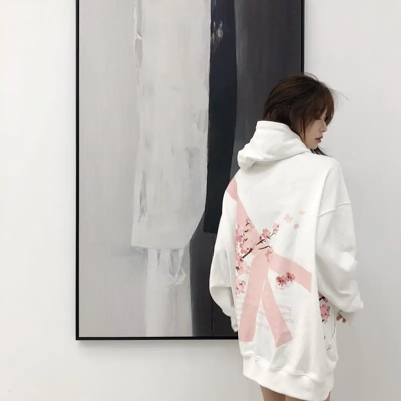 2019 couples hoodies flower anti-war pullovers sakura men and women long-sleeved baggy hip-hop | Женская одежда