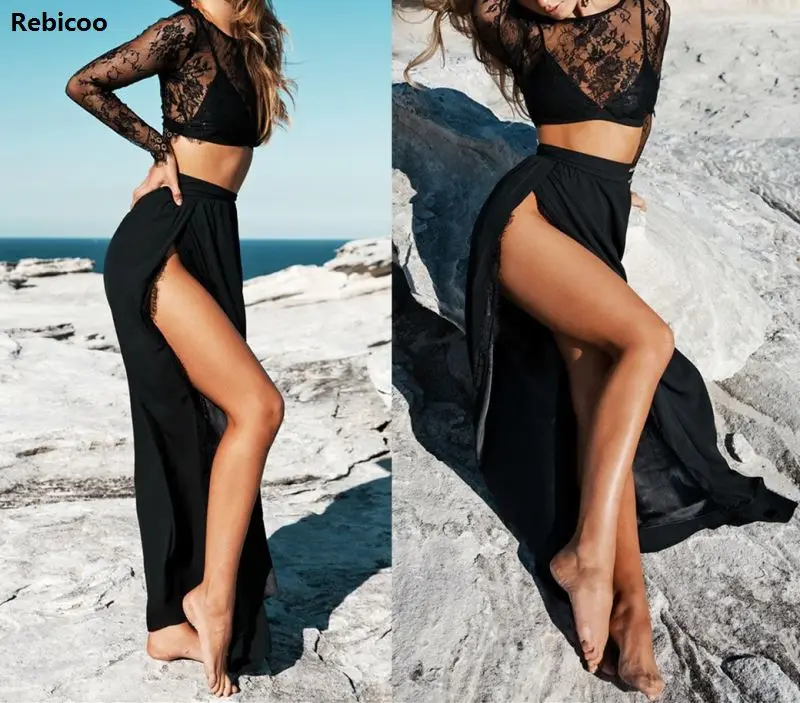 

Sexy Lace Strapless Tube Top Split Skirts Culotte White Lace Suits Beach Vocation Party Dress summer Black Bodycon Party Boho