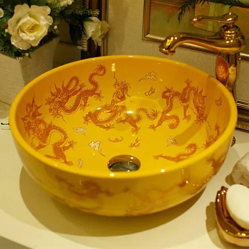 Керамическая раковина Artistc желтая для ванной комнаты с драконом|porcelain bathroom sink|bathroom sinkceramic washbasin |