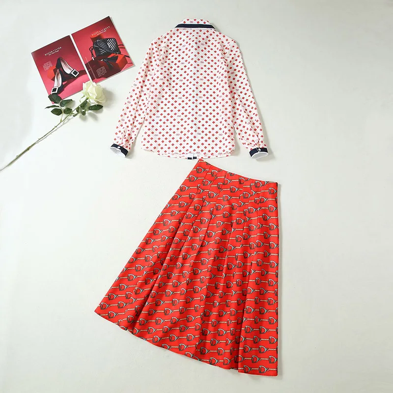 New 2019 Autumn Fashion Design Women's Stars Long Sleeve Chiffon Print Shirt + Half Skirt Set |