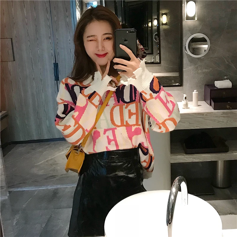 Autumn Winter Printed Sweater Women Pullover 2018 New Fashion Wild Tops Color Letters Loose Female Knit Sweaters NO561 | Женская одежда