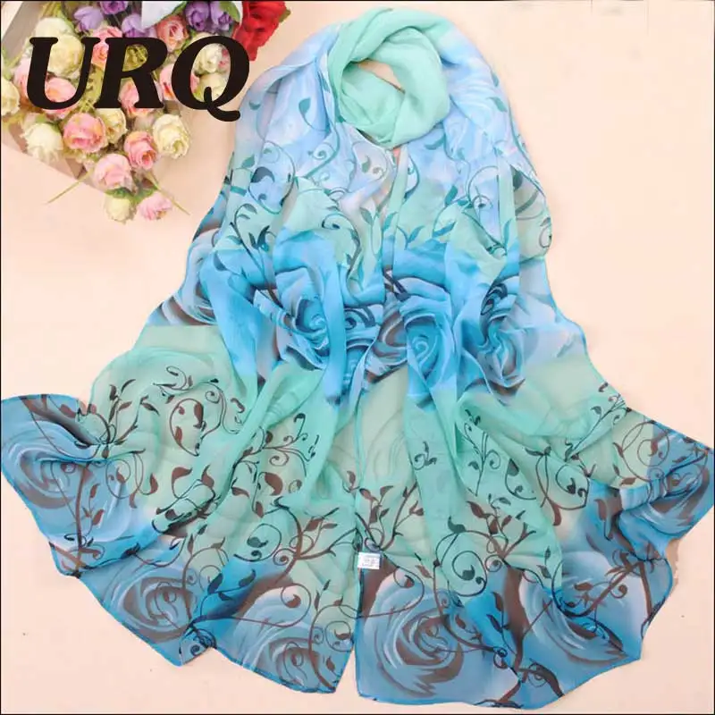 Длинные шифоновые шелковые шарфы с цветочным принтом розы женские подарок на