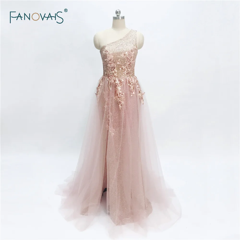 

New Evening Dresses Long One Shoulder Beaded Evening Gown 2019 Shiny Tulle Prom Dresses Long Robe de Soiree Prom Party Gown NE6