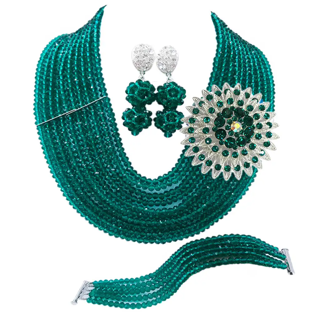 

Teal Green Army Green Nigerian Jewelry Set African Wedding Beads Crystal Necklace Bracelet Earrings 10DSK01