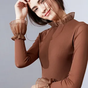 2019 Весенняя модная футболка с длинным рукавом и воротником-стойкой, кружевная Лоскутная футболка, шифоновые элегантные рубашки для офиса и работы kz614