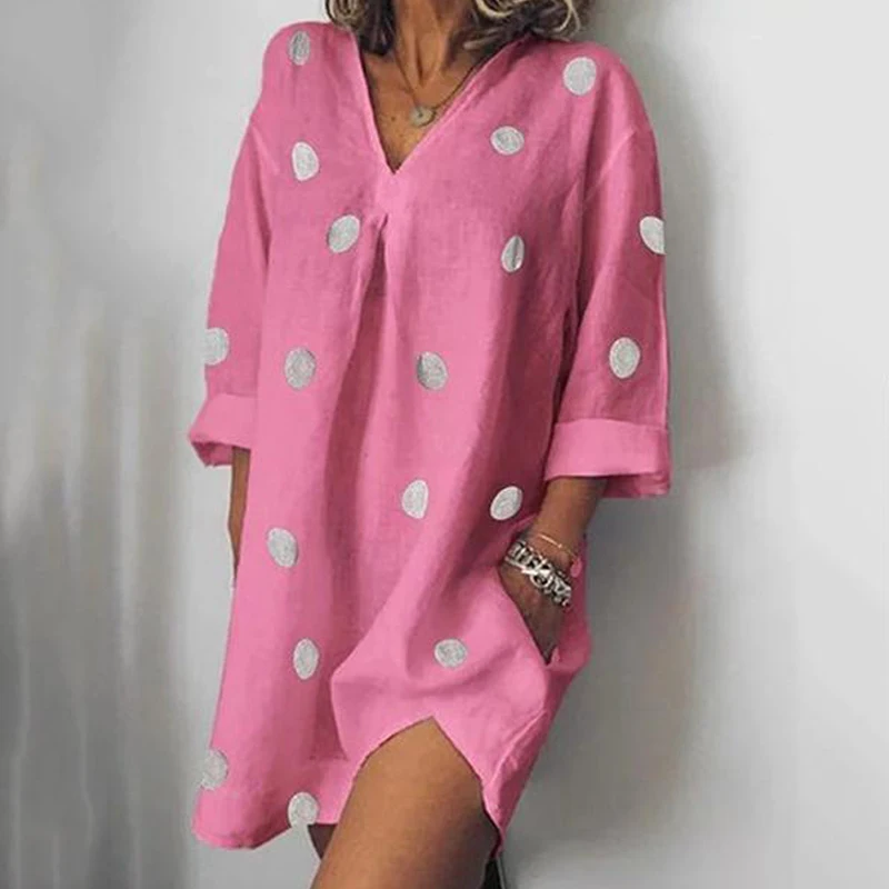 

2019 Summer Casual Dot Printed Dress Loose V-neck Wrist Sleeve Mini Split Dress