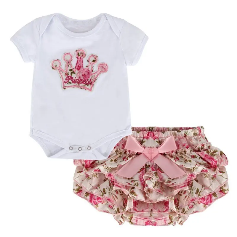 Summer Baby Girls Short Sleeve Romper Sets Cute Crown Pattern Bowknot Comfortable Romper+Pants For Infant Newborn 3-18M | Мать и ребенок