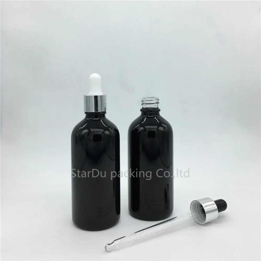 

Free shipping 200pcs 100ml black glass essential oil bottle with shiny silver aluminum ring dropper,100CC glass perfume bottle