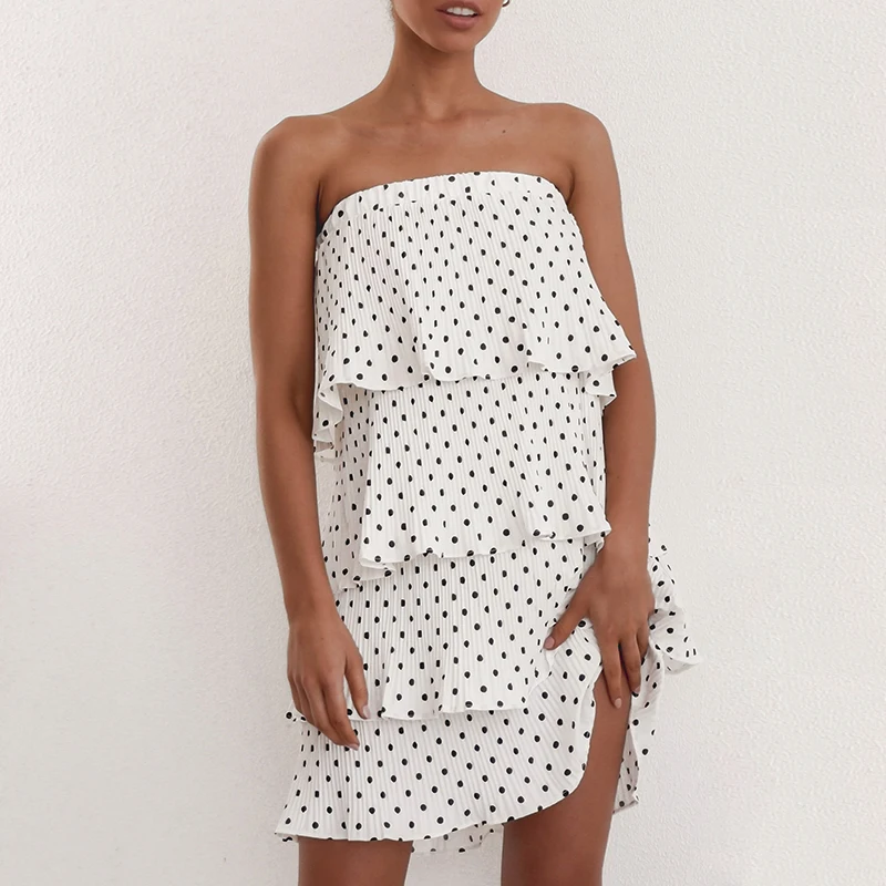 Polka Dot Multi-layer Stretch Women Skirts High Waist A-line Pleated White Ladies Midi Skirt Summer Style Casual Ruffles | Женская