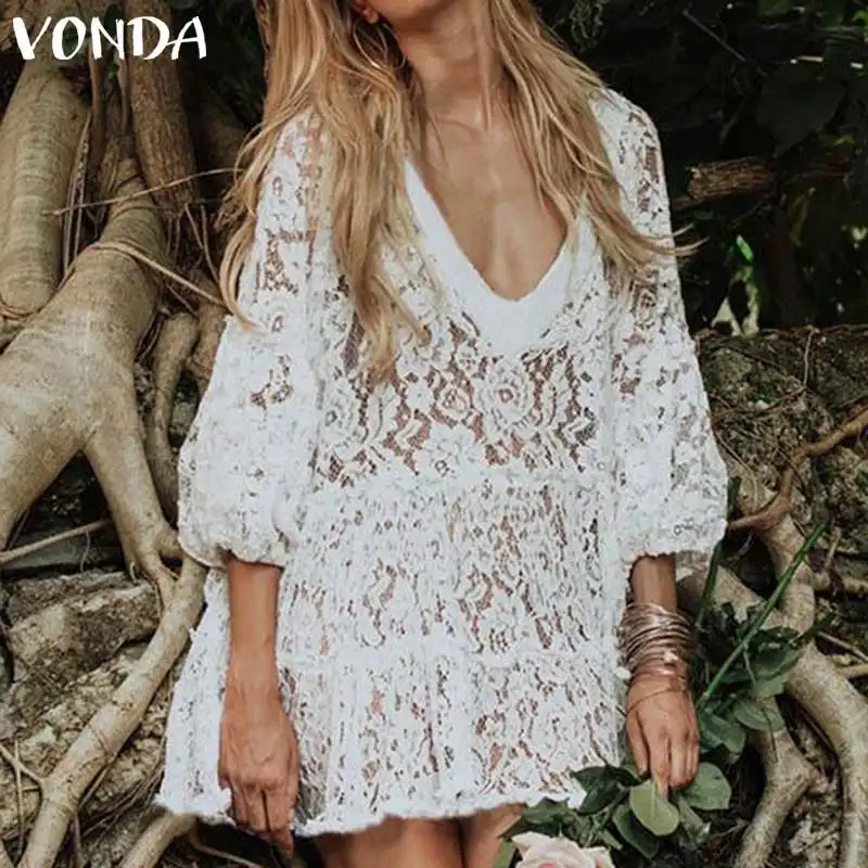 Женское богемное кружевное платье VONDA сексуальное повседневное летнее с